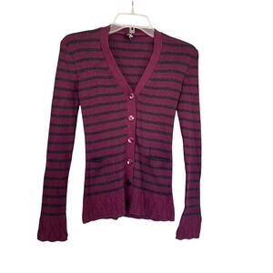 Jean Paul Gaultier Soleil Burgundy Striped Rib Knit Cardigan Sweater Sz S